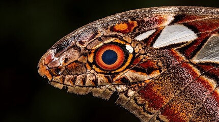 Naklejka premium Atlas moth wing macro detail, giant silkworm moth mimicry patterns, exotic insect wing texture with snake head camouflage