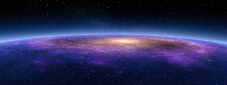 Panoramic view of purple alien planet surface with golden sunrise glow, starry space horizon and cosmic atmosphere in ultra wide