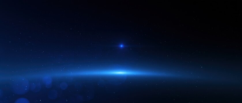Ultra wide deep space with single bright blue star and glowing horizontal light band, bokeh lens flares over dark starry sky