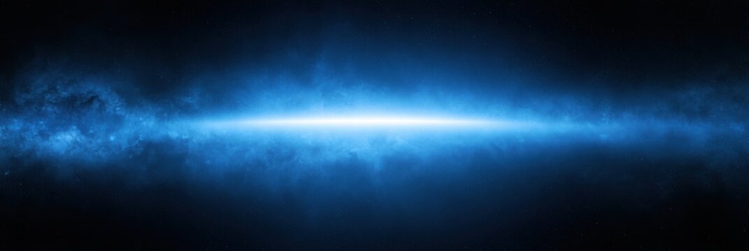 Ultra wide panoramic blue nebula with brilliant white horizontal light beam, cosmic gas cloud and stars across dark space