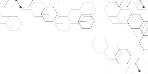 Fototapeta premium Abstract soft white hexagonal pattern background. Modern fine black molecule bonds linking outlined hexagons. Science design for presentation, packaging and landing page.