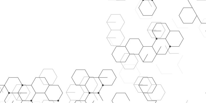 Delicate white hexagon network background. Repeating abstract pattern of thin grey lines forming a molecular network. Design for backdrop, packaging and branding.