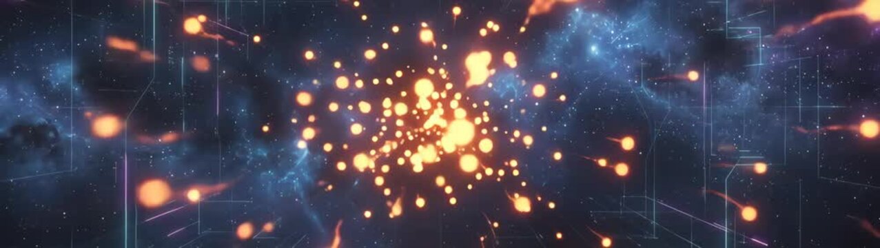 Digital data particles streaming through a network grid representing global communication and information exchange in a cosmic setting.