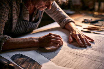 Fototapeta premium Warm light bathes an artisan's hands on detailed blueprints