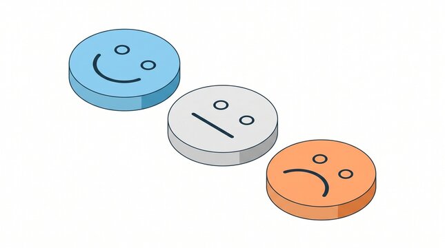 Isometric customer feedback emoji icons representing happy neutral and sad satisfaction levels