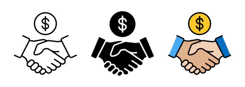 Business deal icon with handshake and money symbol. Transparent vector