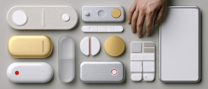Hand selects sleek, minimalist tech devices on neutral surface