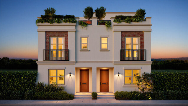 Contemporary side by side twin homes at dusk with warm exterior lights and manicured landscaping
