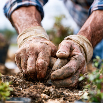 Weathered hands press soil gently into earth