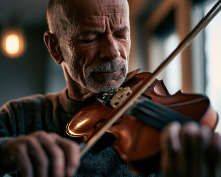 Elderly man plays violin with quiet concentration