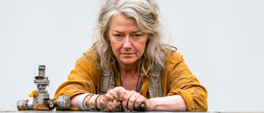 Woman with weathered face stares intently ahead