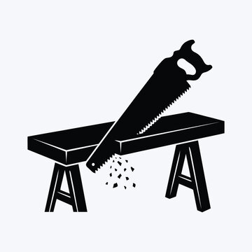 Flat vector silhouette of hand saw cutting wood