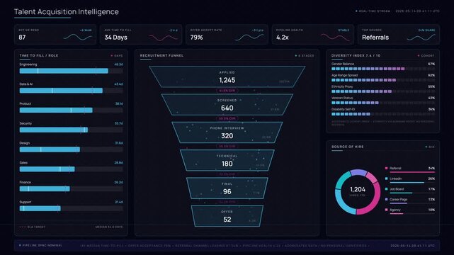 Explore a dynamic 4K AI recruiting funnel intelligence board featuring animated stages and detailed analytics, showcasing a modern approach to talent acquisition.
