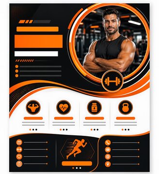 Modern fitness flyer template with muscular man, orange and black gym brochure design, athletic workout poster with icons