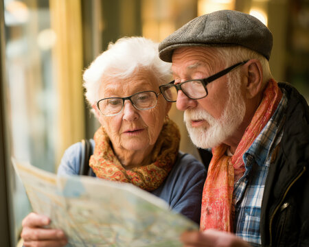 Old couple studies map together, eyes focused