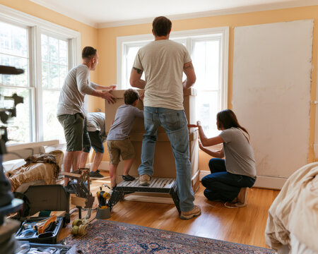 Family moves furniture together in bright, sunlit room