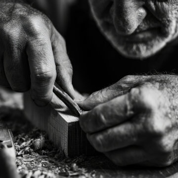Hands shape wood with focus and care