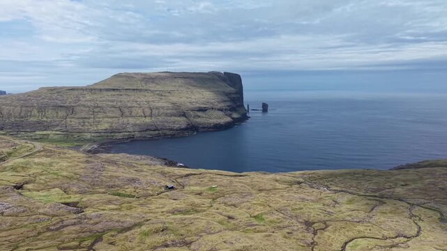 Aerial View of Ei&eth;iskollur Cliff and Risin og Kellingin in Faroe Islands