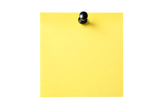 Blank yellow sticky note pinned with a black pushpin isolated on transparent background