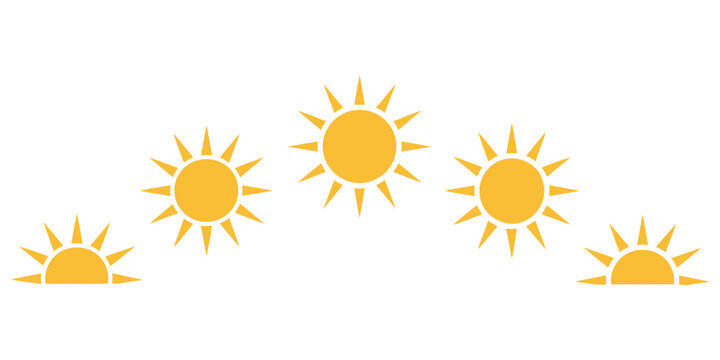 Day cycle sun icon showing sunrise, sunset and circular solar movement phases with full and half sun shapes minimal vector symbols