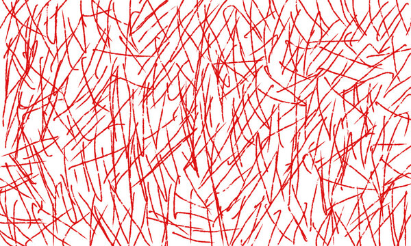 Abstract red scribble pattern with chaotic hand drawn pencil lines and chaotic scratch texture isolated on transparent background for creative graphic design elements and modern backgrounds