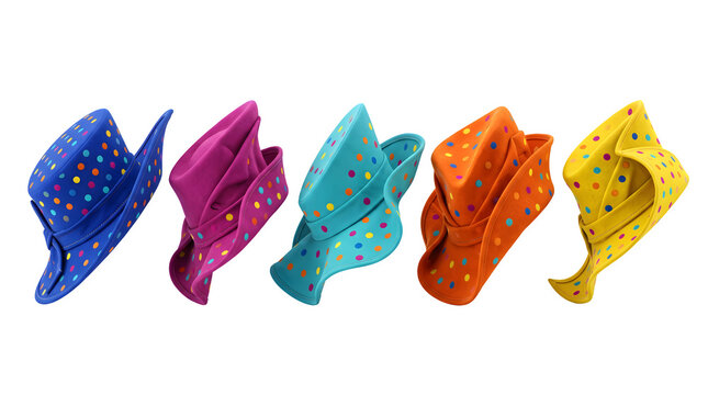 Five colorful polka dot hats isolated on transparent background