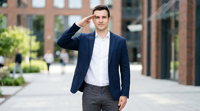 Man in business suit saluting outdoors during daytime with urban buildings in background