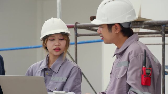 Construction inspector safety helmet clipboard laptop communication teamwork industrial site worker uniform professional engineer building project planning discussion equipment occupation protective