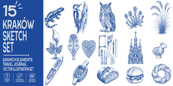 Krak&oacute;w Lesser Poland Poland Heritage Element Set with Krak&oacute;w Szopka Folk Art, Ojc&oacute;w Wildlife and Flora, Traditional Crafts, Obwarzanek and Regional Foods