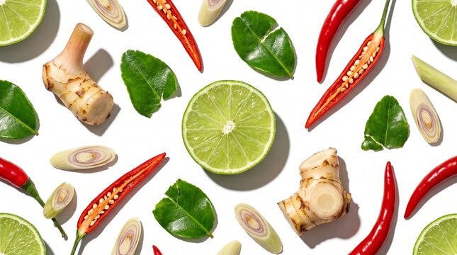 Flat lay pattern of fresh Thai tom yum soup ingredients with galangal lime and chili on white background