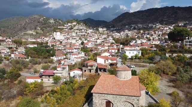 Cinematic drone footage of Pelendri village in the mountains of Limassol, Cyprus.