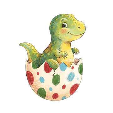 Whimsical children book illustration of an adorable baby dinosaur hatching from a spotted egg in naive folk art style