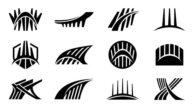 Minimalist bridge logo icons, set of 12 abstract architectural symbols. Modern black geometric bridge silhouettes for corporate branding.