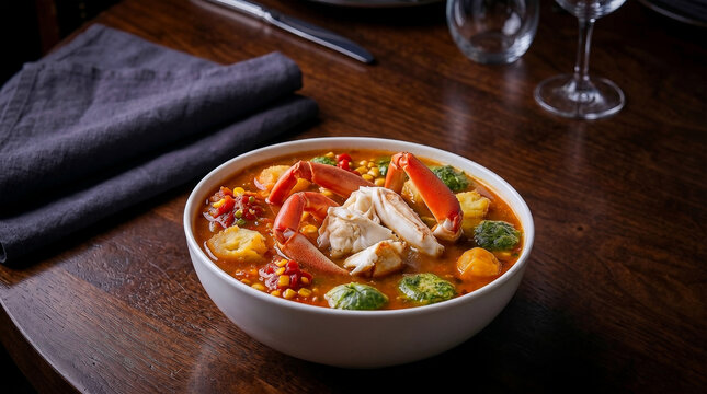 Savor a delicious bowl of hot seafood bisque on Crab Soup Day featuring fresh crab legs, sweet corn, and garden vegetables served in a cozy restaurant setting