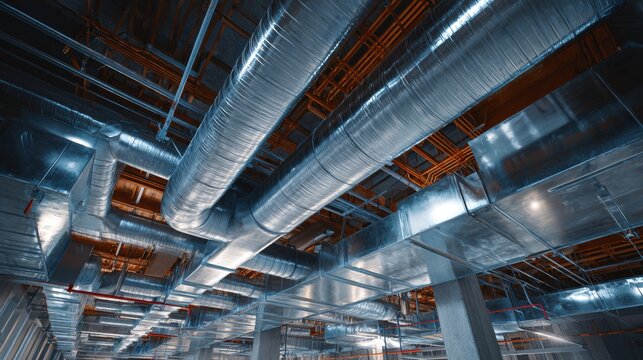 Metal ducts and pipes in a building under construction with visible structure and framework
