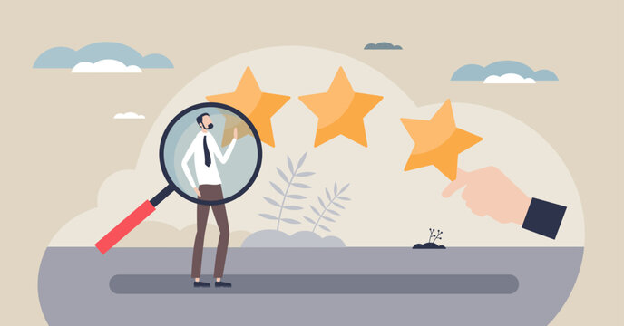 Employee experience rating visualizes performance, magnifying glass on employee, hand giving star, three stars for recognition and feedback. Tiny style