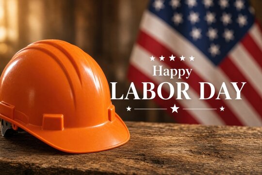 Bright orange hard hat on wooden table with USA flag backdrop celebrating Labor Day