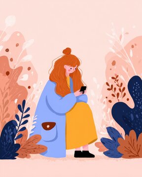 Brightly colored illustration features girl absorbed in her phone amidst whimsical foliage
