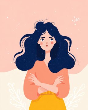 Confident woman with expressive features, vibrant colors, and soft background elements