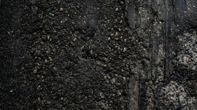 Close-up of wet asphalt road surface with textured detail