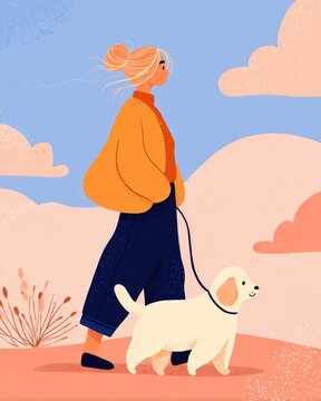 Character in cozy outfit walks cheerful dog through soft-hued landscape, embodying joyful