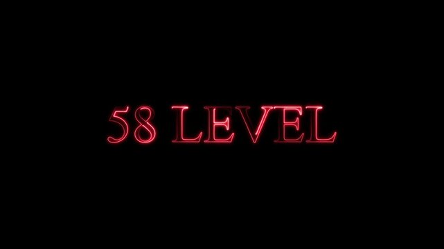 neon Level-58 text inside a horizontal banner on black background. level 58 text icon animation. Neon level up sign. neon next Level text.Level Thirty six text font with glowing neon light.Level