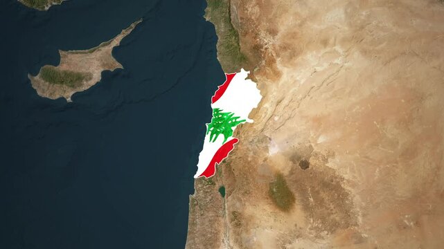 Satellite view zooming into the country of Lebanon, highlighted by its national flag