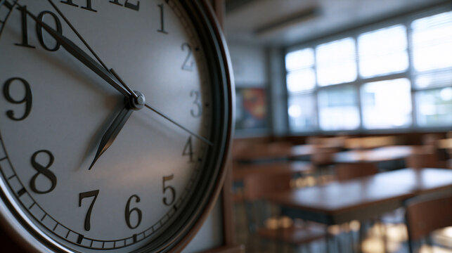 Classic analog round wall clock displaying time inside a blurry school classroom setting on white background