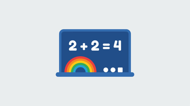 Simple flat design vector illustration of a blue chalkboard with a math equation and a rainbow graphic element