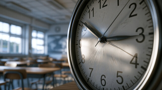 Round wall clock showing time in a blurred school classroom setting captured on white background