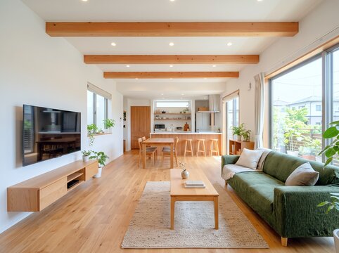 自然光が心地よいモダンな木造住宅リビングダイニングキッチン