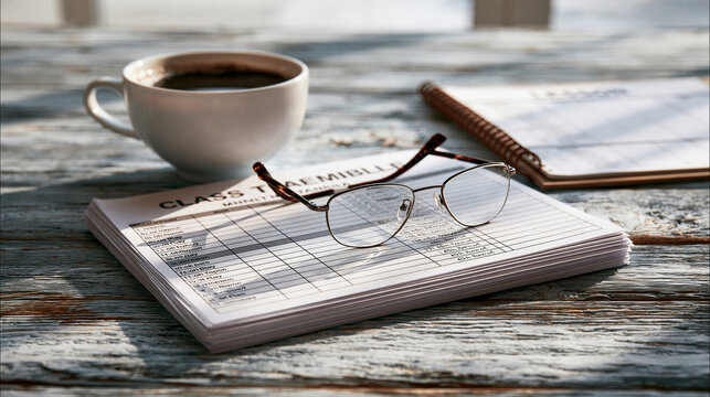 Reading glasses resting on a printed class schedule beside a warm coffee cup on white background