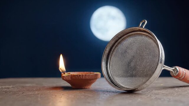 Karwa chauth traditional ritual with oil lamp and sieve under moon