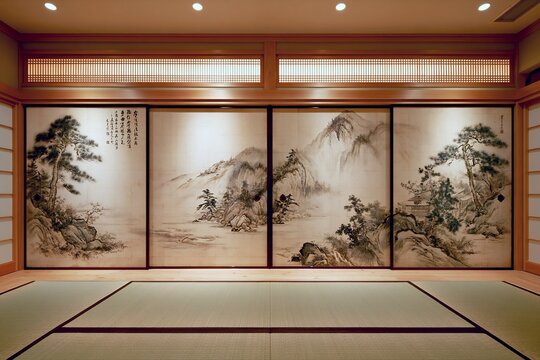 伝統的な日本家屋の広々とした和室空間に描かれた豪華な襖絵